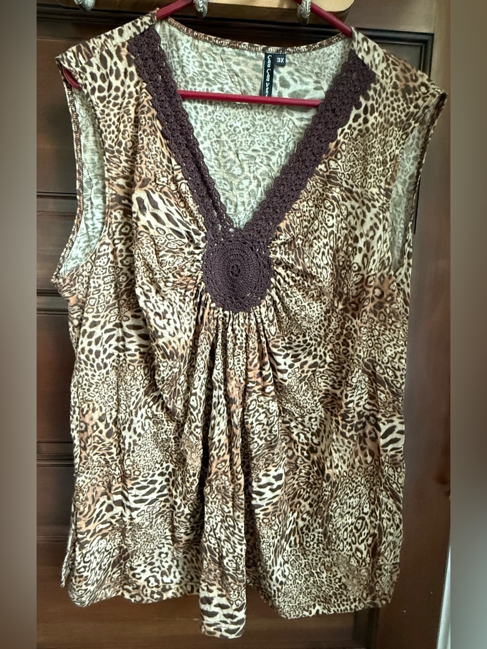 Cha Cha Vente Plus Brown Animal Print V-Neck Tank with Crochet Medallion